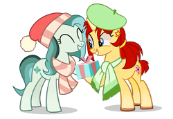 Size: 2908x2000 | Tagged: safe, artist:ashakalovsky, artist:idkhesoff, oc, oc only, oc:iris sparkler, oc:spring mint, earth pony, pony, unicorn, base used, beret, christmas, clothes, cute, duo, ear piercing, earring, eyes closed, female, grin, hat, high res, holiday, jewelry, mare, markings, multicolored hair, piercing, present, raised hoof, santa hat, scarf, simple background, smiling, transparent background, unshorn fetlocks