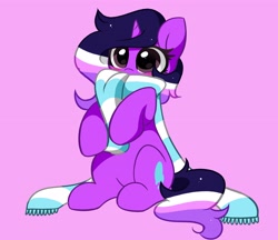 Size: 3897x3374 | Tagged: safe, artist:kittyrosie, oc, oc only, pony, unicorn, blushing, clothes, commission, cute, high res, looking at you, ocbetes, purple background, scarf, simple background, solo, striped scarf, ych result