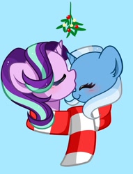 Size: 1417x1858 | Tagged: safe, artist:kittyrosie, starlight glimmer, trixie, pony, unicorn, g4, blushing, clothes, cute, diatrixes, duo, eyes closed, female, glimmerbetes, holly, kiss on the head, kissing, lesbian, milestone, scarf, shared clothing, shared scarf, ship:startrix, shipping, simple background, striped scarf