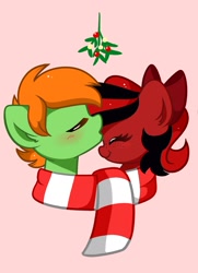 Size: 1435x1985 | Tagged: safe, artist:kittyrosie, oc, pony, blushing, clothes, commission, cute, duo, eyes closed, holly, kiss on the head, kissing, milestone, oc x oc, ocbetes, scarf, shared clothing, shared scarf, shipping, simple background, striped scarf, ych result