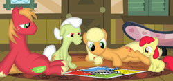 Size: 3519x1641 | Tagged: safe, artist:porygon2z, apple bloom, applejack, big macintosh, granny smith, earth pony, pony, g4, apple siblings, apple sisters, board game, brother and sister, female, filly, hatless, male, mare, missing accessory, siblings, sisters, sorry (board game), stallion