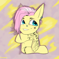 Size: 2000x2000 | Tagged: safe, artist:kirasunnight, fluttershy, pegasus, pony, g4, alternate hairstyle, ear piercing, earring, female, grin, high res, jewelry, mare, nose piercing, nose ring, piercing, raised hoof, smiling, solo, tattoo