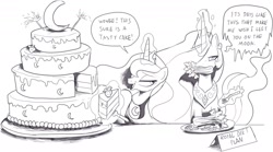 Size: 1953x1082 | Tagged: safe, artist:nauyaco, princess celestia, princess luna, alicorn, pony, g4, cake, cakelestia, celery, dialogue, food, herbivore, levitation, lidded eyes, magic, taunting, telekinesis, unamused