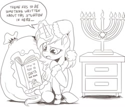 Size: 1102x939 | Tagged: safe, artist:nauyaco, pony, unicorn, book, candle, christmas, confused, dialogue, hanukkah, hat, holiday, levitation, magic, menorah, sack, santa hat, solo, telekinesis