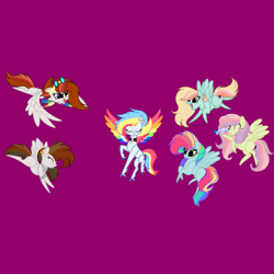 Size: 2343x2343 | Tagged: safe, artist:circuspaparazzi5678, artist:senpai-breanna5678, oc, oc:dusky blitz, oc:rainboom, oc:rainbow blitz, oc:rainbow splash, oc:rainbow strikes, oc:tempest melody, pegasus, pony, accessory, base used, clothes, colored wings, ear piercing, earring, eyeshadow, goggles, high res, jewelry, magical lesbian spawn, makeup, multicolored wings, offspring, parent:breanna, parent:fluttershy, parent:oc:breanna, parent:rainbow dash, parent:zipp storm, parents:canon x oc, parents:flutterdash, parents:zippdash, piercing, rainbow wings, socks, wings