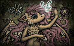 Size: 1920x1200 | Tagged: safe, artist:deidad dissitum, fluttershy, butterfly, insect, pegasus, pony, g4, belly button, cheek fluff, chest fluff, dark, disturbing, exhausted, eyelashes, female, floppy ears, flower, hooves, light, looking, lying, mare, plants, shining, solo, spread wings, unshorn fetlocks, wings