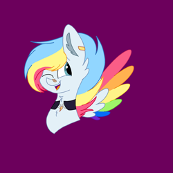 Size: 2067x2067 | Tagged: safe, artist:circuspaparazzi5678, artist:senpai-breanna5678, oc, oc:rainbow strikes, pegasus, pony, accessory, bandaid, bandaid on nose, bust, colored wings, ear piercing, earring, high res, jewelry, magical lesbian spawn, multicolored wings, offspring, parent:rainbow dash, parent:zipp storm, parents:zippdash, piercing, portrait, rainbow wings, solo, wings