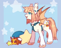 Size: 1868x1456 | Tagged: safe, artist:cheekipone, oc, oc only, oc:honey milk, bat pony, bee, insect, pony, ear piercing, earring, explicit source, food, freckles, harness, honey, jewelry, minecraft, piercing, plushie, smiling, solo, spread wings, tack, wings