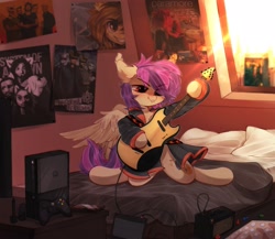 Size: 2191x1900 | Tagged: safe, artist:astralblues, oc, oc only, pegasus, pony, amp, amplifier, bed, breaking benjamin, chest fluff, clothes, commission, electric guitar, eye clipping through hair, guitar, jacket, lip bite, musical instrument, paramore, poster, princewhateverer, smiling, solo, system of a down, window, xbox