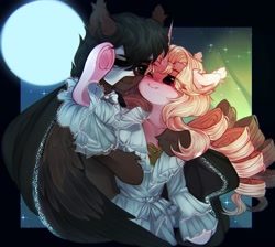Size: 1848x1656 | Tagged: safe, artist:astralblues, oc, oc only, pegasus, unicorn, semi-anthro, arm hooves, clothes, dress, full moon, hug, mask, moon, one eye closed, phantom of the opera, smiling, solo, sparkles