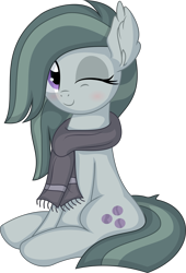Size: 5289x7775 | Tagged: safe, artist:cyanlightning, marble pie, earth pony, pony, .svg available, absurd resolution, blushing, clothes, cute, cyanlightning is trying to murder us, female, marblebetes, mare, one eye closed, scarf, simple background, sitting, smiling, solo, transparent background, vector, wink