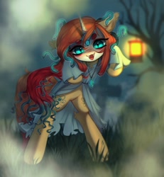 Size: 1644x1782 | Tagged: safe, artist:astralblues, oc, oc only, oc:sheron, pony, snake, unicorn, bipedal, clothes, fangs, fog, looking at you, robe, slit pupils, solo