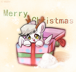 Size: 1200x1140 | Tagged: safe, artist:xi wen, oc, oc:concentric rings, pegasus, pony, >:3, antlers, blushing, box, christmas, holiday, pony in a box, present, snow
