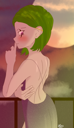 Size: 1163x2000 | Tagged: safe, artist:ukedideka, oc, oc:quizzical aphre, human, ass, backless, backless dress, balcony, blushing, butt, clothes, cloud, cloudy, ear piercing, female, humanized, looking back, moon, piercing, smiling, solo