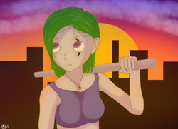Size: 1080x784 | Tagged: safe, artist:ukedideka, oc, oc:quizzical aphre, human, city, cityscape, clothes, ear piercing, humanized, improvised weapon, jewelry, looking up, necklace, pendant, piercing, simple background, solo, sports bra, sunset