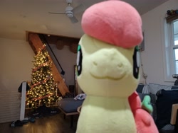 Size: 4000x3000 | Tagged: safe, alternate version, artist:topsangtheman, peachy sweet, earth pony, pony, g4, apple family member, christmas, christmas tree, holiday, irl, looking at you, photo, plushie, solo, tree