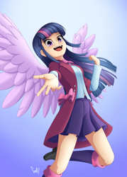 Size: 2500x3500 | Tagged: safe, artist:fadlihalimns, twilight sparkle, alicorn, human, g4, bow, clothes, high res, humanized, looking at you, open mouth, reaching, skirt, solo, twilight sparkle (alicorn), winged humanization, wings