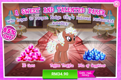 Size: 1035x684 | Tagged: safe, gameloft, idw, toffee truffle, earth pony, pony, g4, advertisement, brown coat, brown fur, costs real money, english, female, gem, idw showified, introduction card, mare, numbers, sale, solo, table, tail, text, white mane, white tail