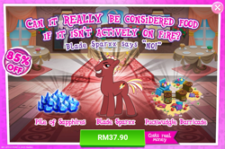 Size: 1035x686 | Tagged: safe, gameloft, idw, blade sparxx, pony, unicorn, g4, my little pony: friends forever, spoiler:comic, advertisement, costs real money, idw showified, introduction card, male, red, stallion