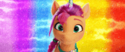 Size: 1200x500 | Tagged: safe, edit, edited screencap, screencap, sunny starscout, earth pony, pony, g5, my little pony: a new generation, spoiler:my little pony: a new generation, animated, fake horn, female, fit right in (g5), gif, mare, wiggle