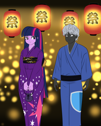 Size: 2000x2500 | Tagged: safe, artist:chuyryu, twilight sparkle, oc, oc:lee enfield, human, equestria girls, g4, canon x oc, clothes, date, female, festival, high res, kimono (clothing), lantern, male