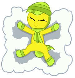 Size: 4320x4460 | Tagged: safe, artist:strategypony, oc, oc only, oc:lemon drop, earth pony, pony, clothes, eyes closed, female, filly, hat, lying down, scarf, simple background, snow angel, socks, transparent background, winter, winter hat