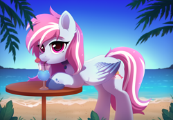 Size: 2400x1670 | Tagged: safe, artist:dinoalpaka, oc, oc only, oc:evening skies, pegasus, pony, alcohol, beach, cocktail, commission, drink, female, mare, ocean, solo, straw, water