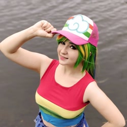Size: 1080x1080 | Tagged: safe, artist:seabeersky, rainbow dash, human, equestria girls, g4, cap, clothes, cosplay, costume, hat, irl, irl human, multicolored hair, photo, rainbow hair