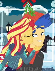 Size: 2689x3448 | Tagged: safe, artist:interstellar-quartz, flash sentry, sunset shimmer, equestria girls, g4, clothes, female, high res, jacket, kissing, male, mistletoe, scarf, ship:flashimmer, shipping, straight