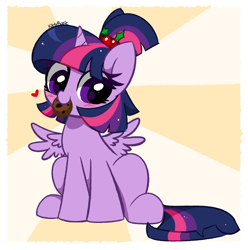 Size: 4576x4608 | Tagged: safe, artist:kittyrosie, twilight sparkle, alicorn, pony, absurd resolution, alternate hairstyle, blushing, christmas, cookie, cute, female, floating heart, food, heart, holiday, holly, mare, mouth hold, sitting, small wings, smiling, solo, spread wings, twiabetes, twilight sparkle (alicorn), wings