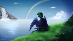 Size: 3960x2228 | Tagged: safe, artist:lunciakkk, oc, oc only, oc:zultar green, pegasus, pony, cloud, commission, grass, high res, male, rainbow, scenery, signature, sitting, solo, stallion, water, waterfall, wings