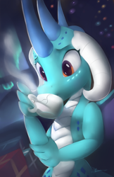 Size: 2400x3697 | Tagged: safe, artist:auroriia, princess ember, dragon, g4, christmas, cup, dragoness, drinking, female, high res, holiday, present, solo