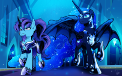 Size: 4000x2480 | Tagged: safe, alternate character, alternate version, artist:dormin-dim, nightmare moon, oc, oc:azure night, alicorn, pony, unicorn, g4, armor, commission, duo, ethereal mane, fangs, female, male, mare, night guard, royal guard, stallion, ych result