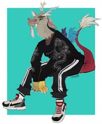 Size: 1685x2048 | Tagged: safe, alternate version, artist:catatau_6, discord, anthro, g4, clothes, dripcord, male, nike (brand), pants, sharp nails, shoes, sneakers, socks, solo, sweatshirt