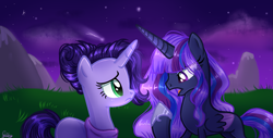 Size: 1773x899 | Tagged: safe, artist:gihhbloonde, oc, oc only, alicorn, pony, unicorn, alicorn oc, base used, clothes, concave belly, duo, eyelashes, female, frown, hoof shoes, horn, night, outdoors, slender, stars, thin, unicorn oc, wings