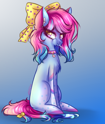 Size: 650x768 | Tagged: safe, artist:kyannepopys, oc, oc only, earth pony, pony, bow, chest fluff, collar, earth pony oc, female, gradient background, hair bow, mare, solo