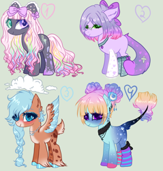 Size: 1418x1481 | Tagged: safe, artist:kyannepopys, oc, oc only, earth pony, pegasus, pony, base used, blushing, bow, braid, clothes, colored wings, earth pony oc, eyelashes, gray background, hair bow, heterochromia, makeup, multicolored hair, pegasus oc, rainbow hair, simple background, smiling, socks, two toned wings, wings