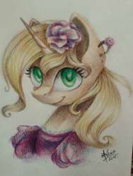 Size: 480x640 | Tagged: safe, artist:avonir, oc, oc only, pony, unicorn, bust, clothes, ear piercing, earring, eyelashes, female, flower, flower in hair, horn, jewelry, mare, piercing, signature, smiling, solo, traditional art, unicorn oc