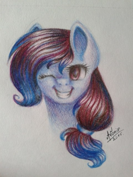Size: 480x640 | Tagged: safe, artist:avonir, oc, oc only, earth pony, pony, bust, earth pony oc, eyelashes, female, grin, mare, one eye closed, signature, smiling, solo, traditional art, wink