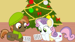 Size: 1280x720 | Tagged: safe, artist:mlplary6, button mash, sweetie belle, earth pony, pony, unicorn, g4, christmas, christmas card, colt, female, filly, holiday, male, ship:sweetiemash, shipping, straight
