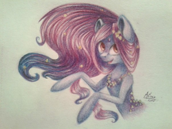 Size: 604x453 | Tagged: safe, artist:avonir, oc, oc only, earth pony, pony, bust, earth pony oc, eyelashes, female, flower, flower in hair, mare, signature, smiling, solo, traditional art