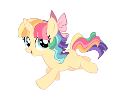 Size: 969x825 | Tagged: safe, artist:enifersuch, oc, oc only, pony, unicorn, g4, base used, bow, eyelashes, female, filly, hair bow, horn, multicolored hair, parents:oc x oc, rainbow hair, simple background, smiling, solo, transparent background, unicorn oc