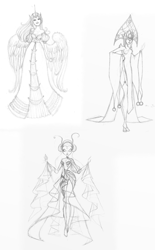 Size: 4230x6820 | Tagged: safe, artist:moryartix, princess cadance, oc, human, g4, alicorn humanization, clothes, dress, female, horn, horned humanization, humanized, lineart, traditional art, winged humanization