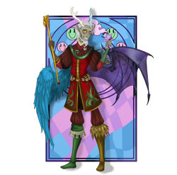 Size: 3870x3820 | Tagged: safe, artist:moryartix, discord, human, g4, clothes, eared humanization, grin, high res, horn, horned humanization, horns, humanized, male, scepter, simple background, smiling, solo, transparent background, winged humanization, wings