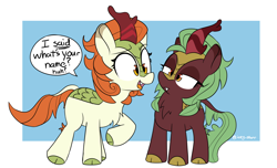 Size: 2796x1700 | Tagged: safe, artist:icey, autumn blaze, cinder glow, summer flare, kirin, awwtumn blaze, chest fluff, cloven hooves, cute, cute little fangs, dialogue, duo, duo female, eyelashes, fangs, female, kirinbetes, looking at each other, looking at someone, open mouth, simple background, standing, tail, talking, text, weapons-grade cute, wiwi, younger