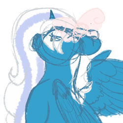 Size: 500x500 | Tagged: safe, artist:myrways, oc, oc:fleurbelle, alicorn, pony, alicorn oc, bow, female, hair bow, horn, mare, pondering, sketch, solo, wings, yellow eyes