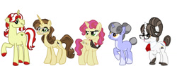 Size: 1024x384 | Tagged: safe, artist:russmindjk, flim, raven, oc, oc:azure inkwell, oc:scrollwitt, oc:tattered parchment, earth pony, pony, unicorn, g4, base used, children, family, female, fliven, male, offspring, older, parent:flim, parent:raven, parents:fliven, shipping, straight