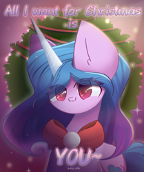 Size: 1800x2150 | Tagged: safe, artist:miryelis, izzy moonbow, pony, unicorn, g5, my little pony: a new generation, all i want for christmas is you, big eyes, bow, christmas, cute, gradient, gradient mane, holiday, horn, izzybetes, looking at you, mariah carey, sitting, smiling, smiling at you, solo, text