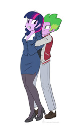 Size: 666x1000 | Tagged: safe, artist:carnifex, spike, twilight sparkle, equestria girls, g4, arm behind back, breasts, cleavage, clothes, commission, duo, female, grabbing, gritted teeth, human spike, jacket, looking back, male, smiling, varsity jacket