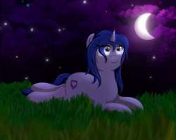 Size: 3000x2389 | Tagged: safe, artist:melody joy, oc, oc:simetra, pony, unicorn, female, grass, high res, looking up, lying down, moon, night, smiling, solo, stars